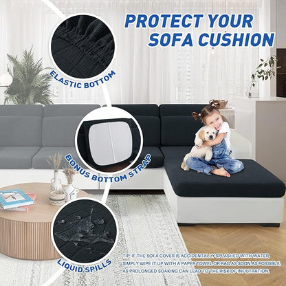 MAXIJIN Waterproof Couch Cushion Covers Stretch Sofa Seat Slipcovers Washable，Sectional Outdoor Cushion Covers with Elastic Bottom for Dogs Pets Kids (1 Pc Sofa Cushion Cover, Dark Gray)