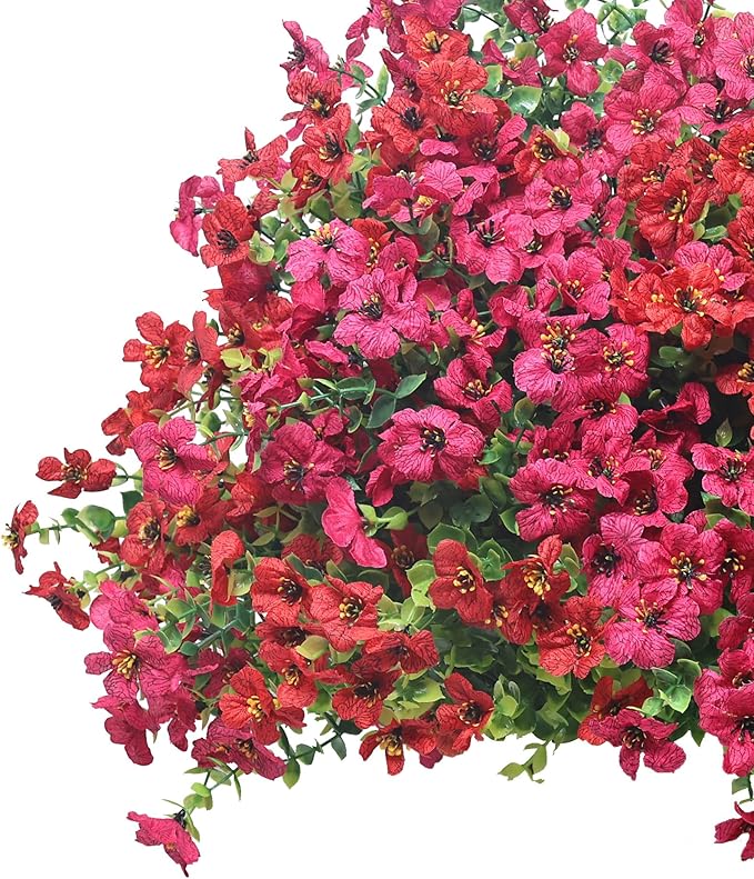 16 Bundles Artificial Flowers – UV Resistant Faux Mums in Red and Rose Red for Garden, Patio, Porch & Home Décor, Realistic Fake Flowers for Wedding & Outdoor Planters