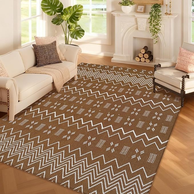 Washable Area Rug 5x7 ft,Rubber Backed Non Slip Faux Jute Rug for Office,Living Room and Bedroom Braided Rug,Indoor Floor Carpets for Dining Room,Farmhouse,Brown/White