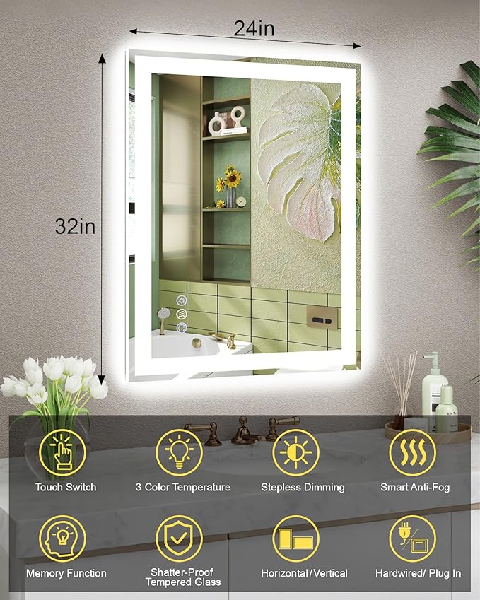 24"x 32" LED Mirror for Bathroom, Front and Backlit Controlled Separately LED Wall Vanity Mirror, LED Vanity Mirror with Lights, Stepless Dimmable, Anti Fog, Tempered Glass, Memory (ETL)