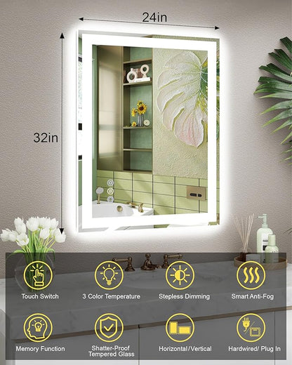 24"x 32" LED Mirror for Bathroom, Front and Backlit Controlled Separately LED Wall Vanity Mirror, LED Vanity Mirror with Lights, Stepless Dimmable, Anti Fog, Tempered Glass, Memory (ETL)
