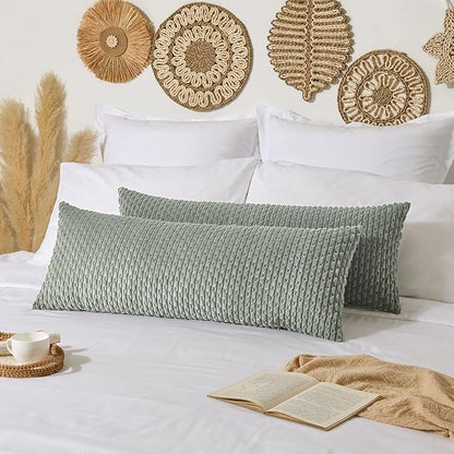 Kevin Textile 20x54 Inch Long Body Lumbar 1 Pack Boho Decorative Throw Pillow Cover Soft Striped Corduroy Rectangle Cushion Case Farmhouse Accent for Living Room Couch Sofa Bed, Greyish Green