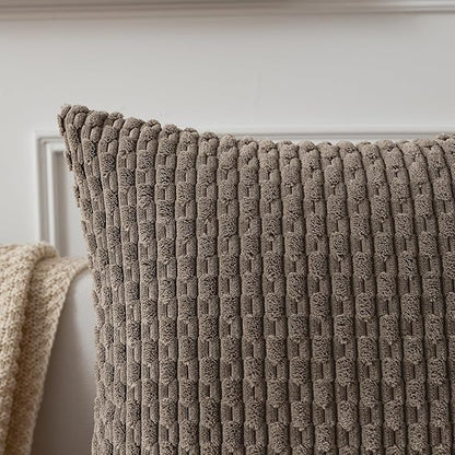 Kevin Textile Pack of 2 Corduroy Decorative Throw Pillow Covers 18x18 Inch Soft Boho Striped Pillow Covers Modern Farmhouse Home Decor for Spring Sofa Living Room Couch Bed Light Brown