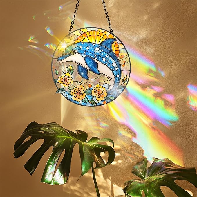 VAIIEYO Dolphin Acrylic Sun Catcher Window Hanging Decoration, 7.8 Inch Double-Sided Light Reflecting Ornament for Window, Garden, Porch or Balcony Decor, Housewarming, Gift for Natural Lovers