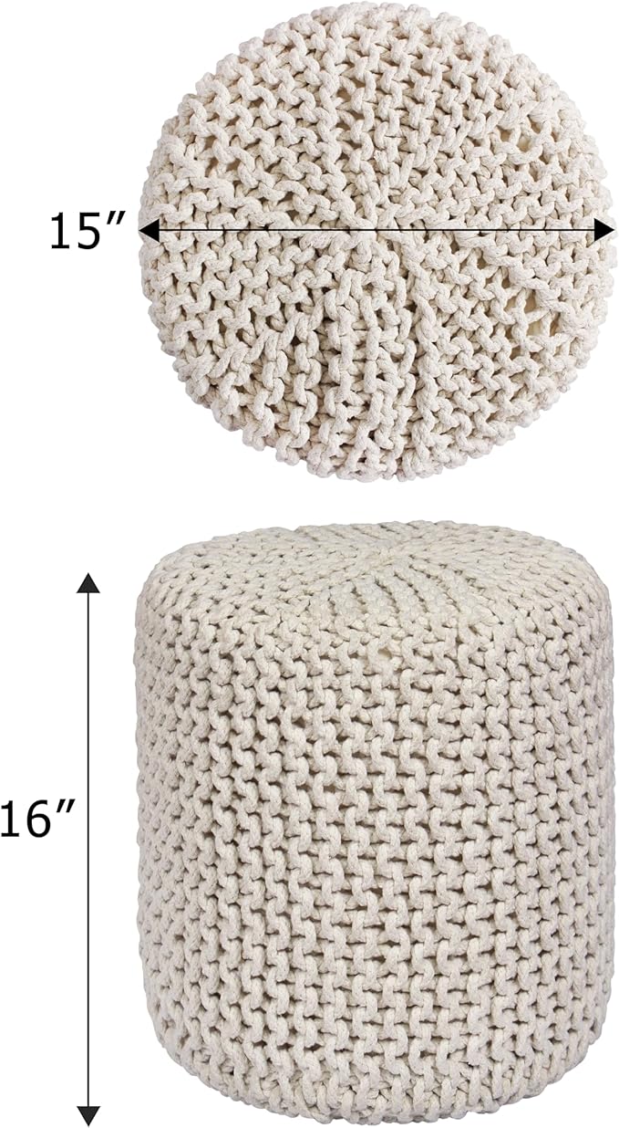COTTON CRAFT Braided Round Pouf - Hand Knitted Cotton Cord Cable Dori Cylindrical Floor Pouf - Foot Stool - Ottoman - Footrest - Accent Seat - Living Room Bedroom Dorm Décor - 15 Round x 16 H - Ivory