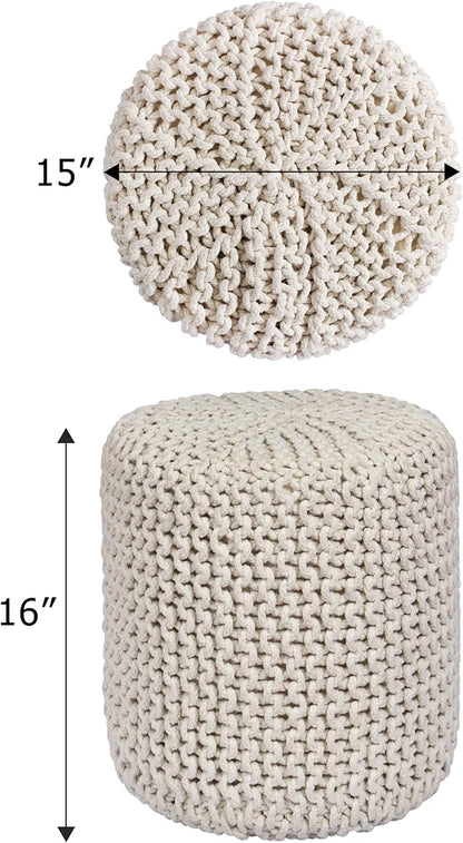 COTTON CRAFT Braided Round Pouf - Hand Knitted Cotton Cord Cable Dori Cylindrical Floor Pouf - Foot Stool - Ottoman - Footrest - Accent Seat - Living Room Bedroom Dorm Décor - 15 Round x 16 H - Ivory