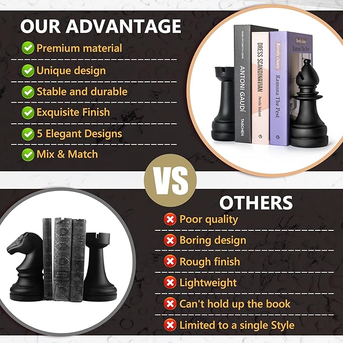 Chess Book Ends for Shelves – Elegant Decorative Bookends for Heavy Books, Office & Living Room Decor – Modern Shelf Organizer and Gift for Book Lovers by ROOKMATE (Matte Black, Opera Mate)