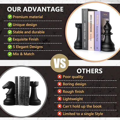 Chess Book Ends for Shelves – Elegant Decorative Bookends for Heavy Books, Office & Living Room Decor – Modern Shelf Organizer and Gift for Book Lovers by ROOKMATE (Matte Black, Opera Mate)