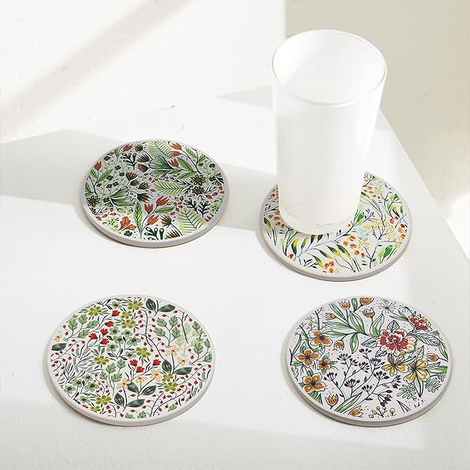 AD Set of 6 Coasters for Drinks Absorbing Round Ceramic Stone Coaster with Cork Base,Tabletop Protection Mat for Mugs and Cups,Office,Kitchen (Bontanicals with Holder)