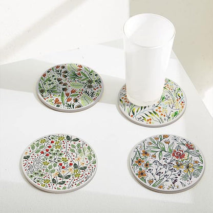 AD Set of 6 Coasters for Drinks Absorbing Round Ceramic Stone Coaster with Cork Base,Tabletop Protection Mat for Mugs and Cups,Office,Kitchen (Bontanicals with Holder)