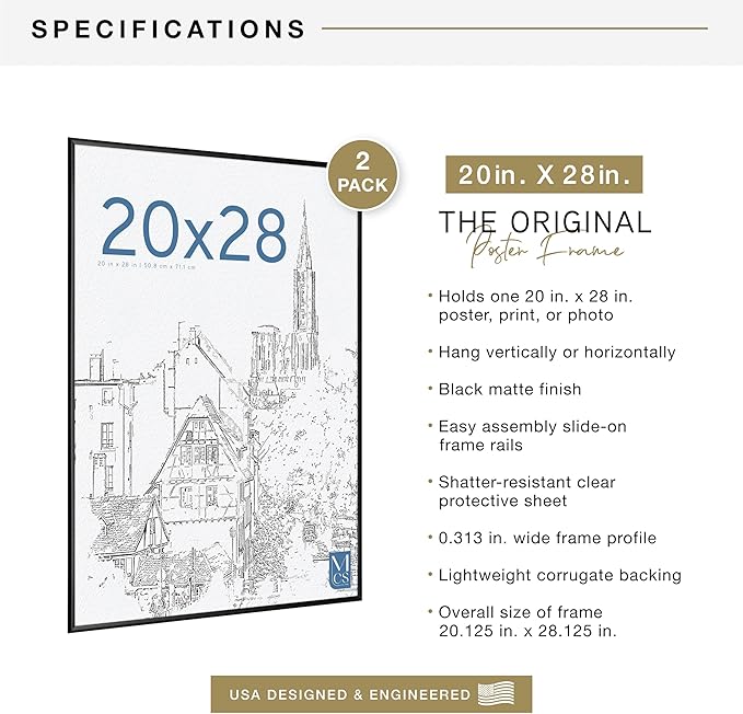 MCS Original Poster Frame 20x28 Black Lightweight Vertical & Horizontal Wall Hanging Large Picture Frame for Posters, Art Prints & Gallery Wall (2-Pack)