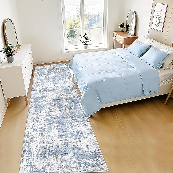 2.6x8 Runner Rug for Hallway, Washable Modern Abstract Runner Rugs Neutral Soft Non Slip Kids Rug Stain Resistant Indoor Runners for Hallways Entryway Bedroom Kitchen Laundry Room(Blue, 2'6''x8')
