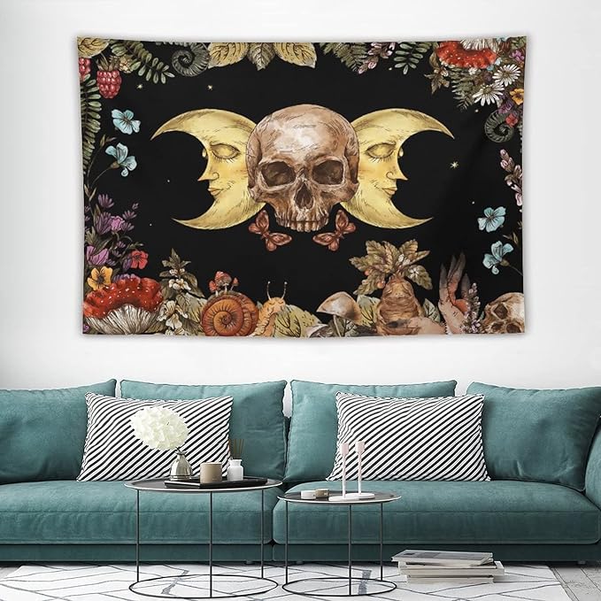 Boho Moon Skull Tapestry,Vintage Sun Moon Hippie Mushroom Floral Plant Tapestries Wall Hanging for Dorm Living Room Bedroom Decor(40"x60")