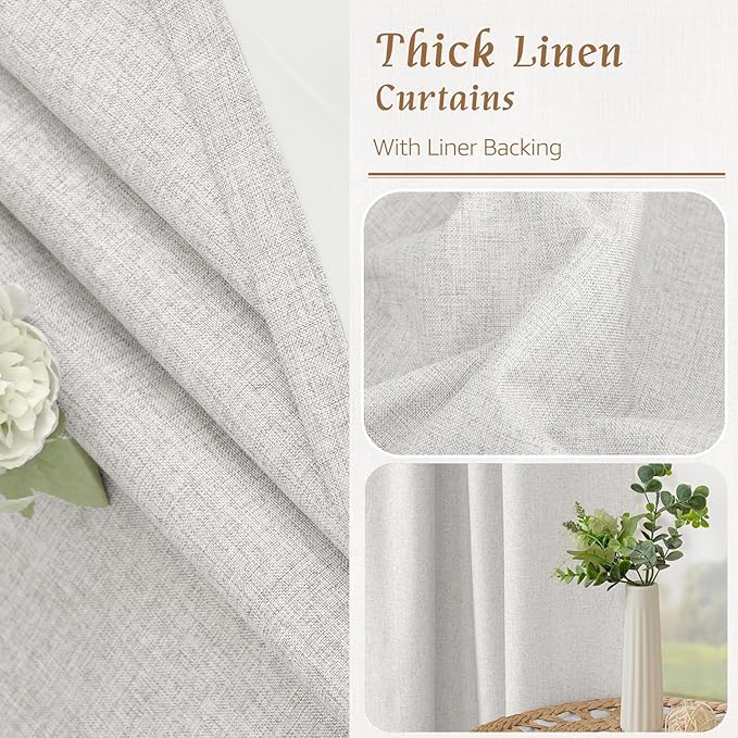LAMIT Light Grey 100% Blackout Linen Curtains, 63 Inches Linen Textured Thermal Bedroom Curtains Back Tab and Rod Pocket Neutral Panels with White Liner for Farmhouse, 2 Panels, 38 x 63 Inch
