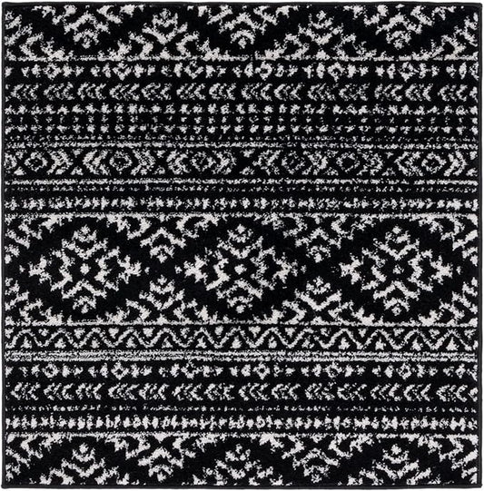 SAFAVIEH Tulum Collection Area Rug - 12' Square, Black & Ivory, Moroccan Boho Tribal Design, Non-Shedding & Easy to Clean, Ideal for Living Room, Bedroom, Dining Space (TUL272Z)