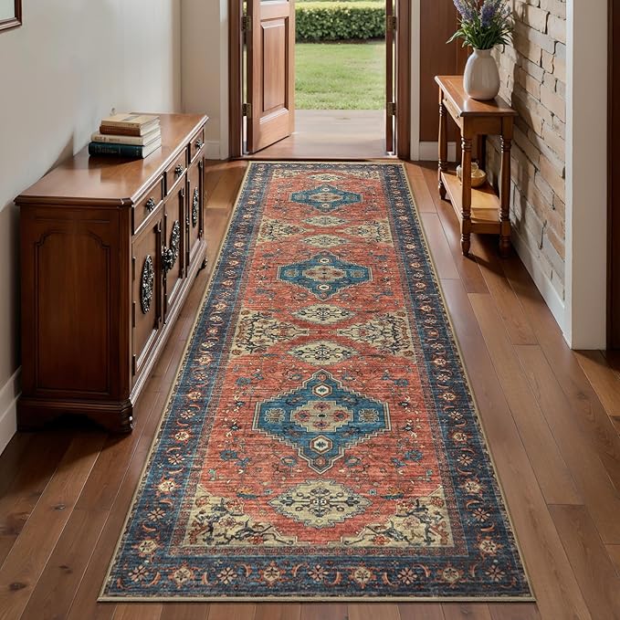 Tangsoo 2.6x8 Washable Runner Rug for Hallways, Non Slip Vintage Runner Rug, Soft Low Pile Long Rug Runner, Print Carpet Runners for Kitchen Bedroom Entryway Bathroom Living Room Terracotta