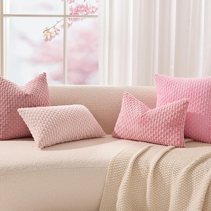 Kevin Textile Valentines Day Decorative Pillow Covers Set of 2 Striped Plush Corduroy Pillows Pillowcases Boho Home Decor Cushion Covers for Couch Sofa Bed Living Room 22x22 Inch, Pink