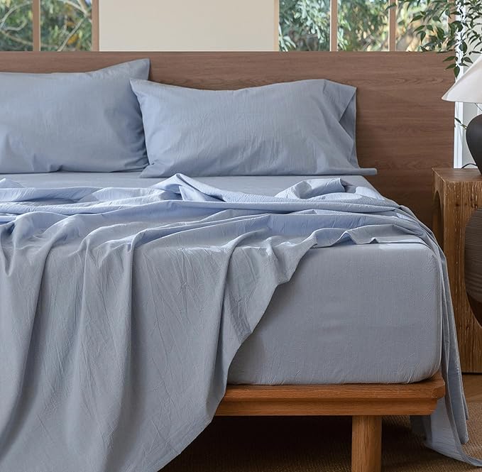 MooMee Bedding Sheet Set 100% Washed Cotton Linen Like Textured Breathable Durable Soft Comfy (Heathered Cornflower Blue, Split King)