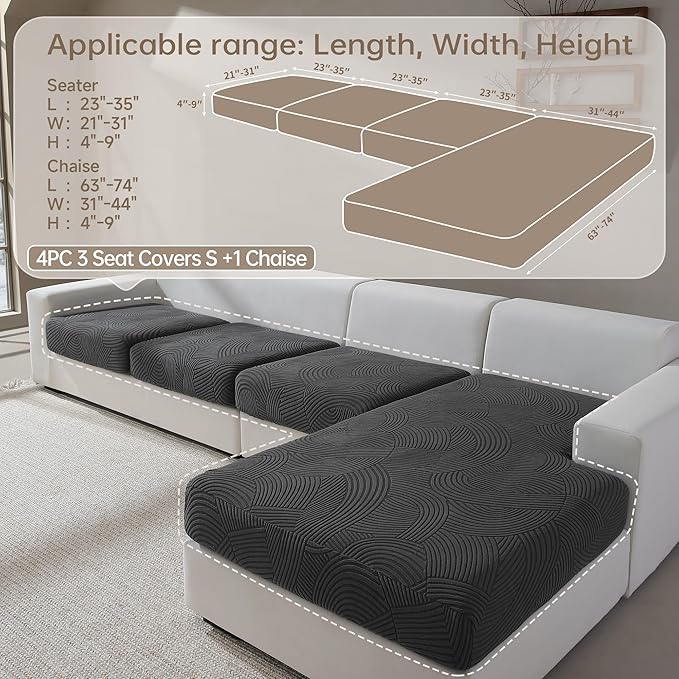 Couch Cushion Covers for Sectional and L Shaped Sofa, Stretch Soft Sofa Covers Washable Wear Resistant Slipcovers Furniture Protector Pet-Friendly (3 Seaters Covers+1 Chaise Cover, Dark Gray)