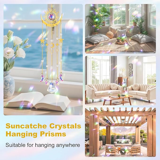Crystal Suncatcher, Sun and Moon Suncatcher for Windows Hanging Indoor Outdoor, Prisms Rainbow Maker Home Garden Backyard Room Decor for Valentines's Mother's Day Birthday Housewarming Gift