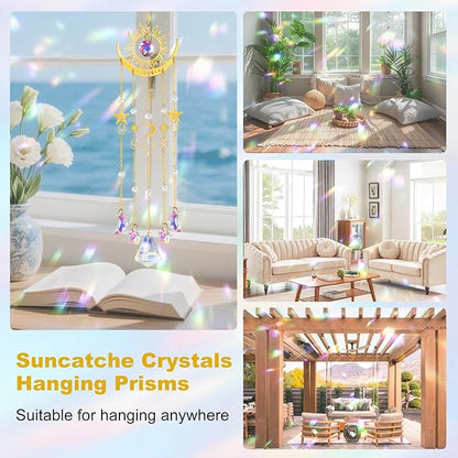 Crystal Suncatcher, Sun and Moon Suncatcher for Windows Hanging Indoor Outdoor, Prisms Rainbow Maker Home Garden Backyard Room Decor for Valentines's Mother's Day Birthday Housewarming Gift