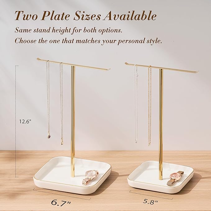 pickpiff Necklace Holder Stand with Ceramic Base: 12" Jewelry Tree Display Organizer for Necklaces, Bracelets, Rings, Earrings, Tall Gold Stand for Women, Aesthetic Room Décor