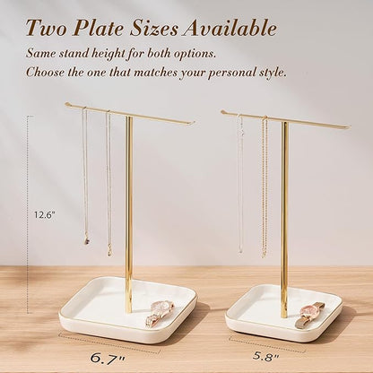 pickpiff Necklace Holder Stand with Ceramic Base: 12" Jewelry Tree Display Organizer for Necklaces, Bracelets, Rings, Earrings, Tall Gold Stand for Women, Aesthetic Room Décor