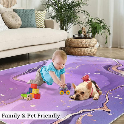 Nordic Abstract Ink Splash Purple Golden Lines Area Rug, Purple Marble Art Large Rug, Machine Washable Breathable Durable Carpet for Room Sofa Living Room Mat Bedroom Decor Floor Mat,5.3 x 8ft