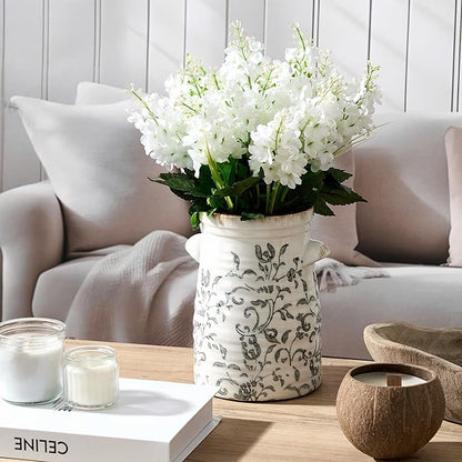 SIDUCAL Ceramic Gray and White Vase with 2-Ear, 8 Inch Ice Cracked Vintage Pastoral Vase, Rustic Farmhouse Vases for Home Decor, Table, Living Room, Shelf Decor, Chinoiserie Decor, Gray Floral Pattern