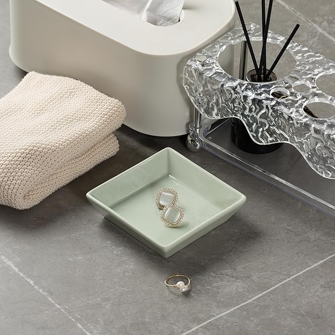 Ceramic Trinket Dish, Ring Tray, Decorative Jewelry Dish for Earrings Necklaces Watch Keys for Women (green square)