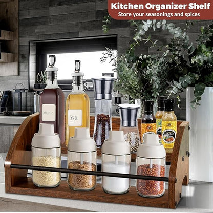 Rustic Wooden Countertop Organizer- Liquor Bottle Display Shelf, Coffee Syrup Rack, Mini bar, Liquor Cabinet, Home Retro Bar Shelf Stand for Liquor Whiskey, Spirits - Brown
