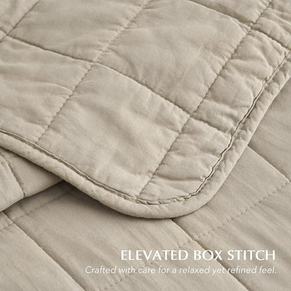EVERGRACEHOME 100% Cotton Box Stitch Quilt Bedding Set Queen Size 3 Pieces, Garment-Washed Lightweight Soft Cozy Coverlet, Quilted Bedspread Sets with 2 Shams for All Season, Pebble Khaki