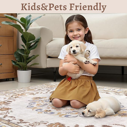 Tangsoo 5x7 Washable Area Rug, Non Slip Boho Neutral Rug for Bedroom Living Room, Vintage Beige Tan Soft Low Pile Floor Indoor Carpet for Bathroom Office Kid & Pets Friendly Home Decor