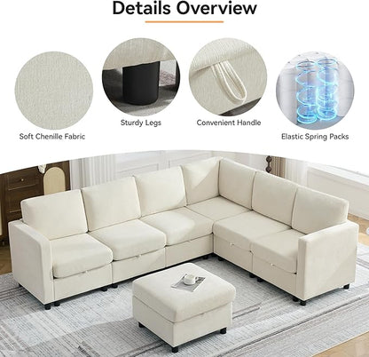 104'' V Shaped Modular Sofa, Sectional Couch with Storage for Living Room, Modern 7 Seater Cloud Sectional Couch with Movable Ottoman, Chenille Beige