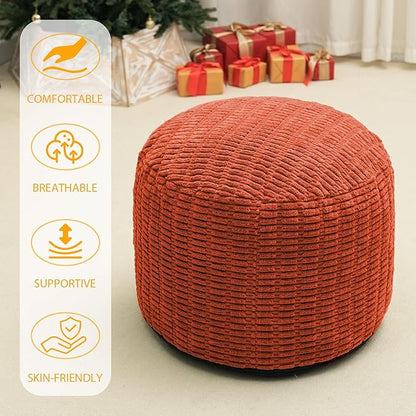 Round Stuffed Pouf Ottoman for Foot Rest, Storage Ottoman Pouf Foot Stool Cushion, Faux Fur Poufs with Foam Chunk Filling, 20 X 15 Inch Floor Chair for Living Room Bedroom Home Decor, Coral Orange