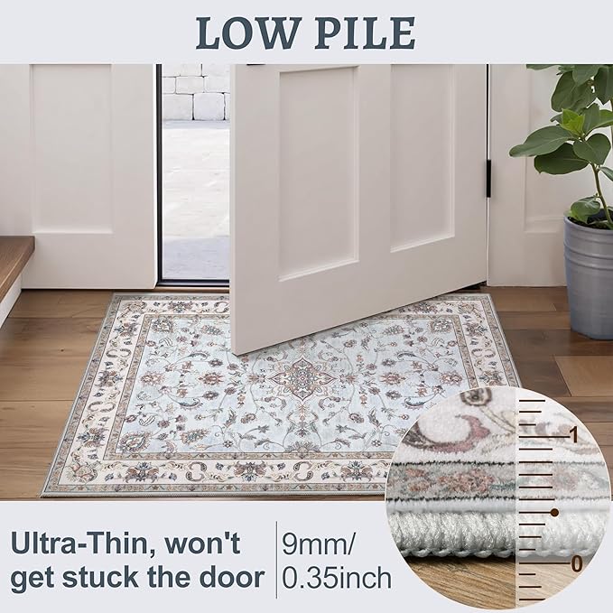 Tangsoo 2x6 Washable Runner Rug for Hallways,Vintage Boho Light Blue Non Slip Rug Runner, Soft Low Pile Floral Entryway Floor Carpet for Kitchen Bedside Bathroom Kid & Pets Friendly Home Decor