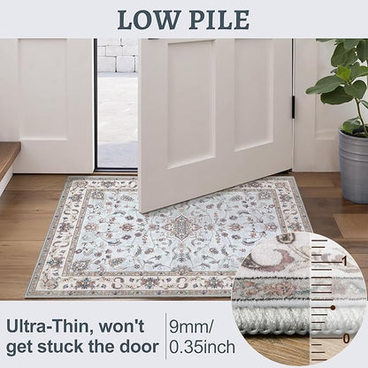 Tangsoo 2x6 Washable Runner Rug for Hallways,Vintage Boho Light Blue Non Slip Rug Runner, Soft Low Pile Floral Entryway Floor Carpet for Kitchen Bedside Bathroom Kid & Pets Friendly Home Decor