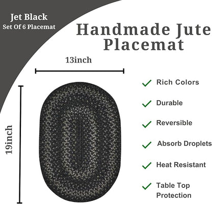 Homespice Jet Black Braided Oval Placemats, Warm Primitive Decor, Set of 6, 13x19 Jute Table Mats - Vibrant Colors, Durable, Easy to Clean and Protects Furniture