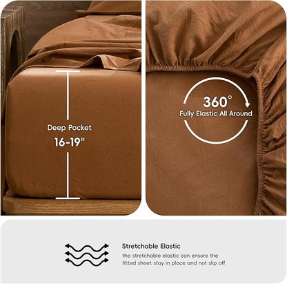 MooMee Bedding Sheet Set 100% Washed Cotton Linen Like Textured Breathable Durable Soft Comfy (Solid Dark Orange, Full)