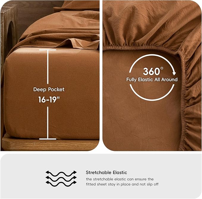 MooMee Bedding Sheet Set 100% Washed Cotton Linen Like Textured Breathable Durable Soft Comfy (Solid Dark Orange, Twin)