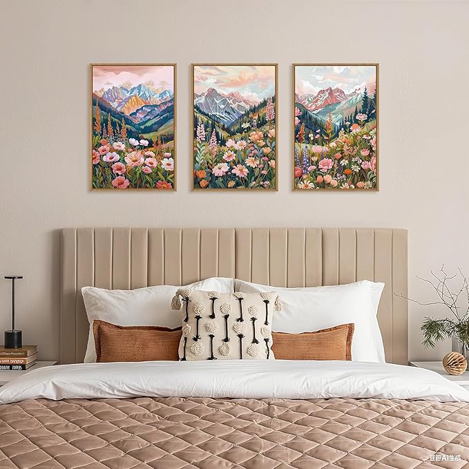 Aryroi Boho Vibrant Mountain Wildflower Framed Canvas Wall Art Set,Colorful Natural Flower Forest Wall Decor,Modern Pink Floral Botanical Landscape Artwork for Living Room,Office,Farmhouse- 24"x36"x3