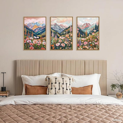 Boho Vibrant Mountain Wildflower Framed Canvas Wall Art Set,Colorful Natural Flower Forest Wall Decor,Modern Pink Floral Botanical Landscape Artwork for Living Room,Office,Farmhouse- 16"x24"x3