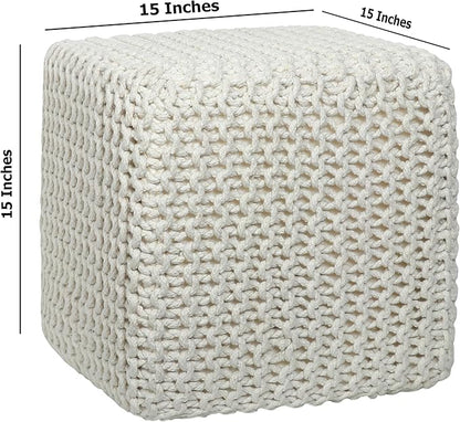 COTTON CRAFT Braided Cube Pouf - Hand Knitted Cotton Cord Cable Dori Ottoman - Foot Stool - Floor Pouf - Footrest - Portable Lightweight Accent Seat - Living Room Bedroom Dorm - 15 x 15 Square - Ivory