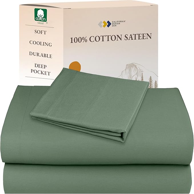 California Design Den XL Twin Sheets Set - Natural 100% Cotton Sheets with Deep Pockets, Soft Sateen Weave, Breathable and Durable Bedding Set for Dorm Rooms, College (Sage Green - Dark)