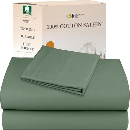 California Design Den Twin Sheet Set - Natural 100% Cotton Sheets with Deep Pockets, Soft Sateen Weave, Breathable and Durable Bedding Set for Dorm Rooms, College (Sage Green - Dark)