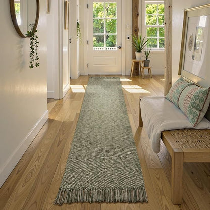 Collive Long Hallway Runner Rug 2.6' x 10', Washable Runner Indoor Entryway Runner Rug, Braided Woven Kitchen Runner Rugs Natural/Green Reversible Bedroom Carpet for Laundry Room Doorway