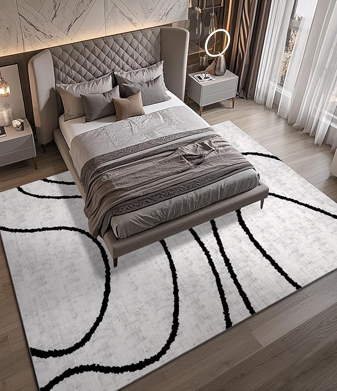 YIHOUSE Modern Area Rugs for Living Room, 9x12 Washable Black and White Rug, Thin Abstract Geometric Striped Rug, Area Rug for Bedroom,Kitchen,Dining Room,Office
