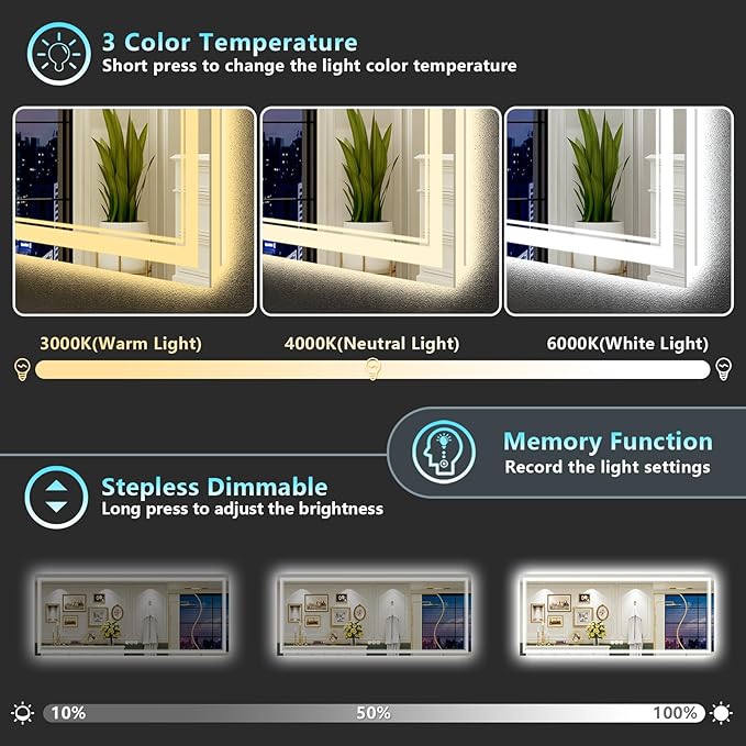 88x38 Inch LED Bathroom Mirror with Lights, Backlit & Front Lit, Anti-Fog Lighted Vanity Mirrors for Bathroom Wall, Dimmable, 3 Color Temperatures, Memory, Shatter-Proof, HD Tempered Glass