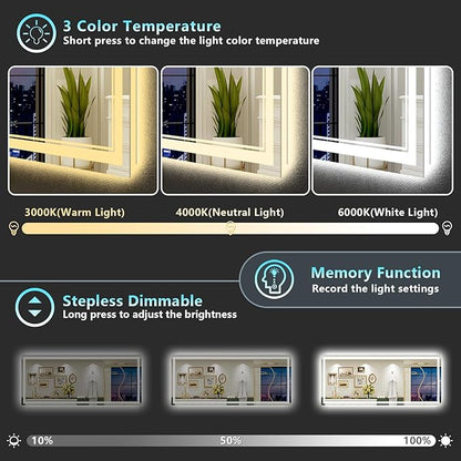 88x38 Inch LED Bathroom Mirror with Lights, Backlit & Front Lit, Anti-Fog Lighted Vanity Mirrors for Bathroom Wall, Dimmable, 3 Color Temperatures, Memory, Shatter-Proof, HD Tempered Glass