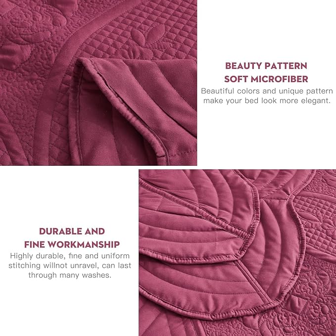 Oversized Bedspread - Queen Size Bedding Cover - Modern & Contemporary Coverlet Set, Real Stitching, Reversible, Lightweight, 4 Piece, Burgundy